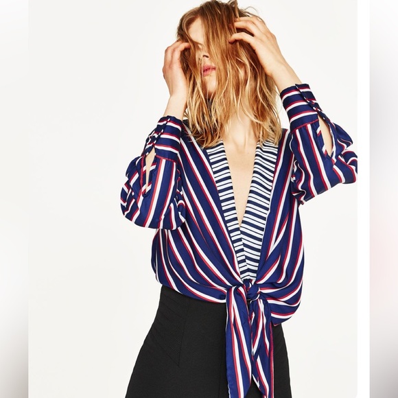 Zara Tops - ZARA Women's Navy and Red Striped Blouse bodysuit